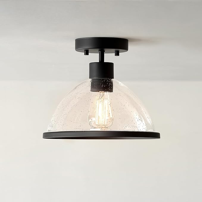 Globe Electric 60000121 1-Light Outdoor Flush Mount Ceiling Light, Matte Black, Seeded Glass Shade, Weather Resistant, Indoor