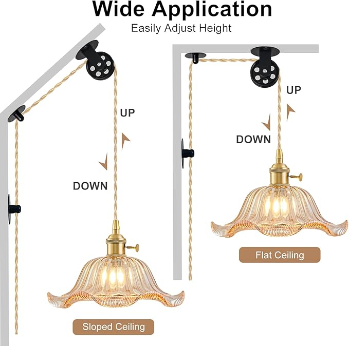 Plug in Pendant Light Vintage 2 Pack, Adjustable Pulley Hanging Lamp with Amber Lily Glass Shade, Brass Hanging Lights with Plug in Cord, Gold Hanging Pendant Light for Bedroom Living Room Kitchen