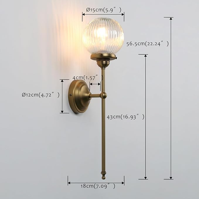 Pathson Vintage Wall Sconce Light with Clear Ribbed Glass, Industrial Hardwired Wall Vanity Lighting Decor for Living Room Bathroom Bedroom Fixture