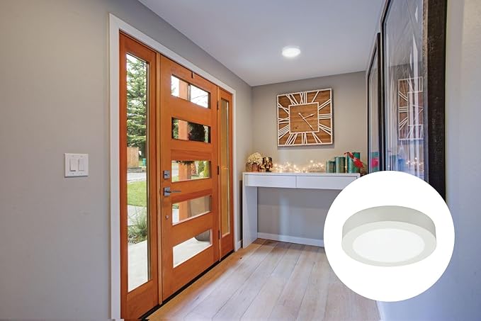 Juno Slim Basics 4 Inch LED Ceiling Light, Low Profile Surface Mount Downlight for Shower or Closet Lighting, 3000K/4000K/5000K Selectable White Light, Edged Trim, Wet Rated, Matte White