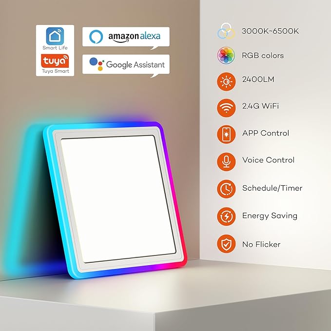 Annaror Smart LED Ceiling Light WiFi, 13in RGB Flush Mount Lighting Fixture with Remote, Compatible with Alexa Google Home, Low Profile Ceiling Light for Bedroom, Kitchen, Square White