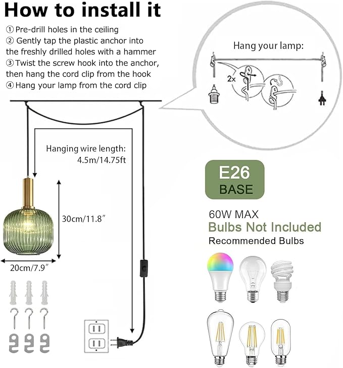 Plug in Glass Pendant Light 1-Light Gold Industrial Light with 14.7FT Black Cord Mid-Century Modern Pendant Lamp for Kitchen Sink Living Room Bedroom, Indoor Green Glass Lamp