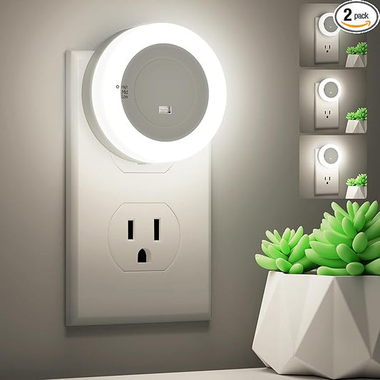 FOLKSMATE LED Night Light, Dimmable Plug-in Dusk to Dawn Light Sensor Nightlight for Bathroom, Bedroom, Adults & Kids Room, Kitchen, Stairway, Nursery, Daylight White, 2- Pack