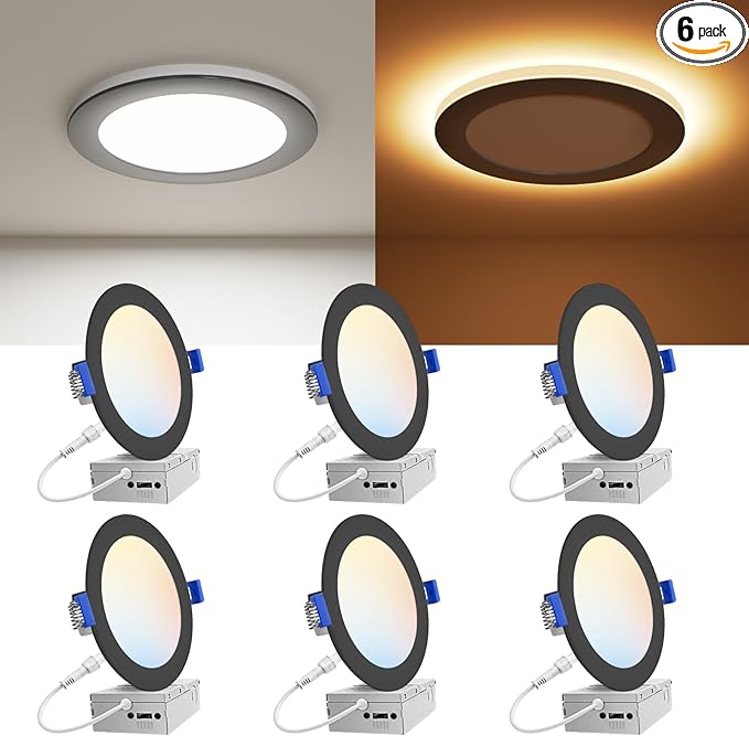 VOLISUN 6 Pack 6 Inch Black Recessed Light with Night Light, Canless LED Recessed Lighting 6 inch, 2700K-5000K Selectable, 12W=130W,1080LM Soffit Lighting Outdoor Recessed Light, ETL Certificated