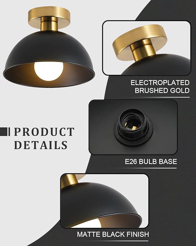 2 Pack Semi Flush Mount Ceiling Light with Gold Plate and Matte Black Shade, Farmhouse Ceiling Light Fixture for Kitchen Island Foyer Hallway Porch(2 Pack Black)