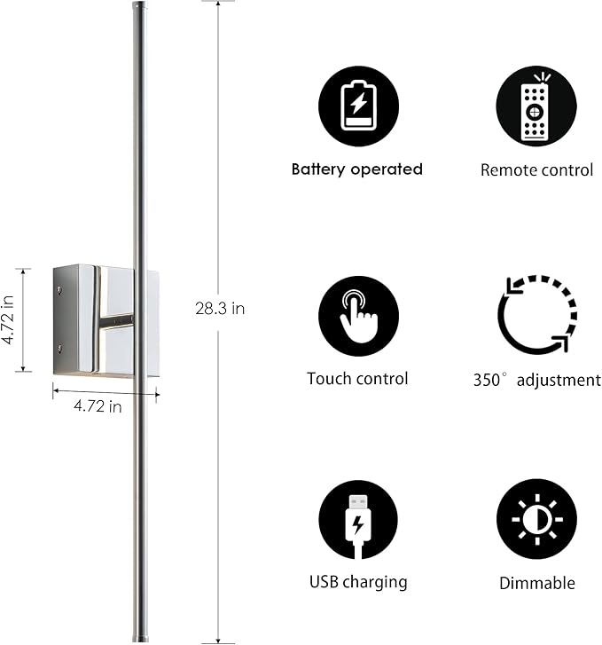 KARTOOSH Battery Operated Wall Sconces with Remote Control, Dimmable Wall Sconces Set of Two, 350°Rotate, 3000K LED Chrome Wireless Wall Light for Living Room, Hallway, Bedroom, 28.3 Inch (2 Pack)