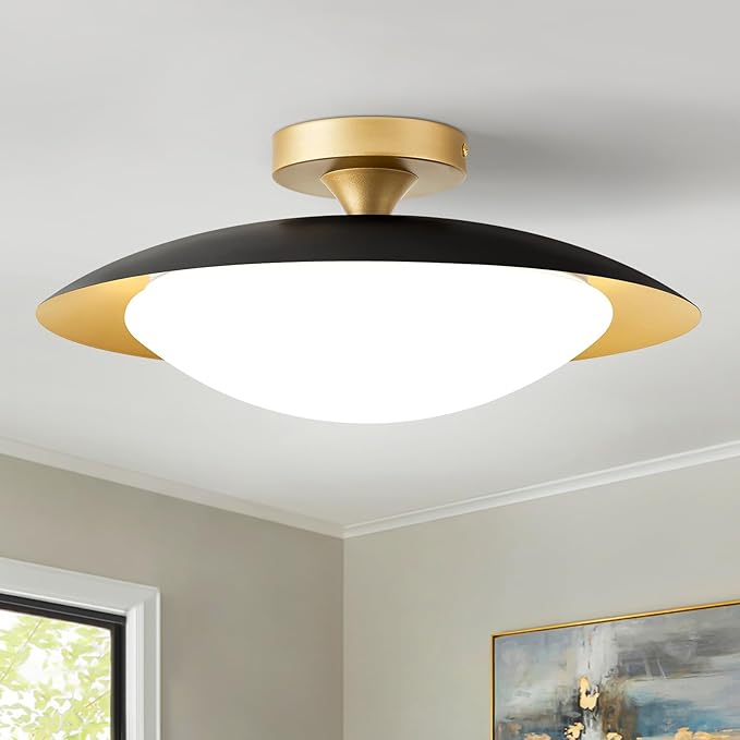 Dimmable Modern Mid-Century Ceiling Light, Black and Gold LED Semi Flush Mount Ceiling Light, 5CCT 2700K-6000K Lighting Fixture Ceiling Lamp with Glass Shade for Bedroom Kitchen Living Room, 15.8in