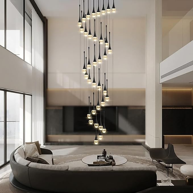 ykolupty H150'' High Ceiling Chandeliers for Entryway 36-Lights Black Spiral Crystal Chandelier Modern Raindrop Chandeliers for Villa Staircase,Hanging Light Fixtures for High Ceiling