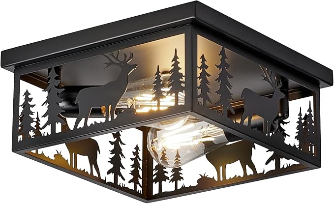 Farmhouse Rustic Deer Ceiling Light Fixtures, Vintage Metal Cage Light Perfests for Kitchen, Living Room, Bedroom, Balcony, Entryway, Hallway, Cabin(Bulbs not Included)