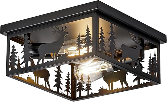 Farmhouse Rustic Deer Ceiling Light Fixtures, Vintage Metal Cage Light Perfests for Kitchen, Living Room, Bedroom, Balcony, Entryway, Hallway, Cabin(Bulbs not Included)