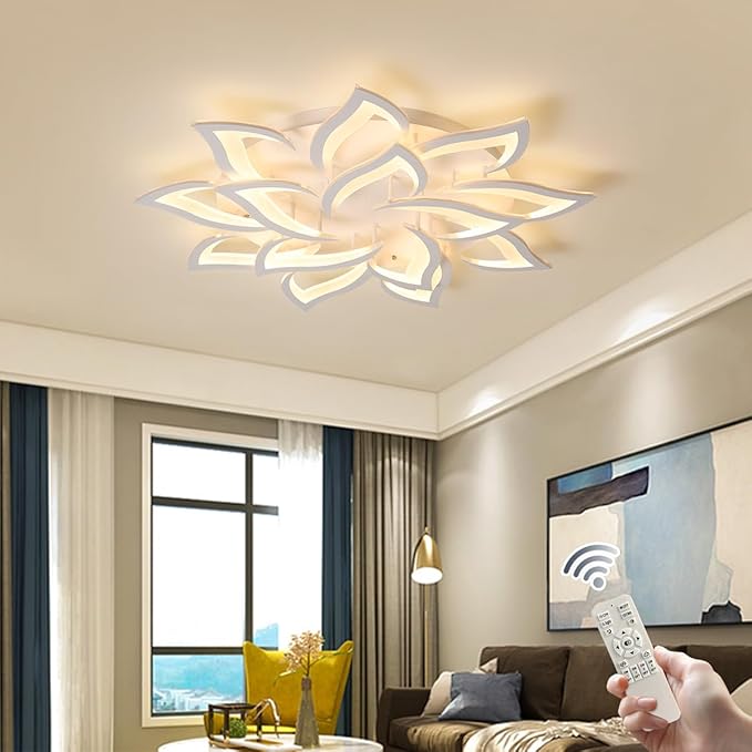 Garwam LED Dimmable Flower Shape Ceiling Light 14-Head Modern Petal Flush Mount Ceiling Lamp with Remote Control White Metal Acrylic Ceiling Chandelier Lighting for Living Room Bedroom Dining Room