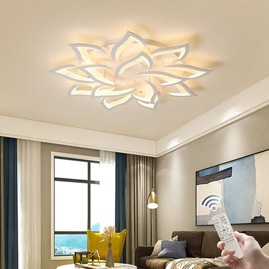 Garwam LED Dimmable Flower Shape Ceiling Light 14-Head Modern Petal Flush Mount Ceiling Lamp with Remote Control White Metal Acrylic Ceiling Chandelier Lighting for Living Room Bedroom Dining Room