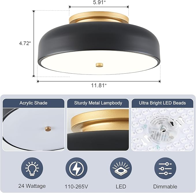 Dimmable LED Ceiling Light, Black and Gold Light Fixture, Mid-Century Semi Flush Mount Ceiling Light 5CCT 2700K-6000K Ceiling Lamp for Laundry Room Kitchen, Bedroom, Hallway(11.8in)