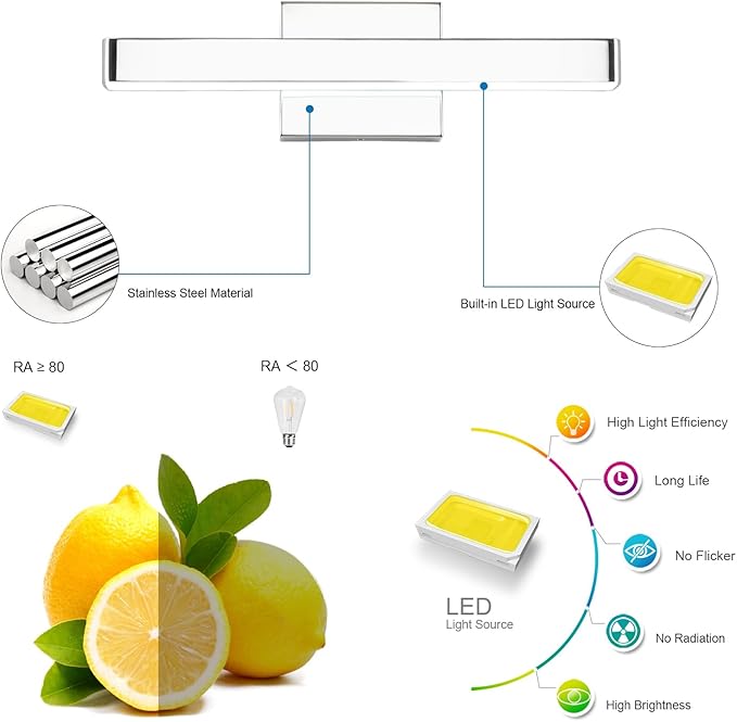 LED Modern Bathroom Vanity Light Fixtures (16-Inch, Cool White 6000K), Modern Acrylic Bathroom Wall Lighting Fixtures for Bathroom Over Mirror, Chrome
