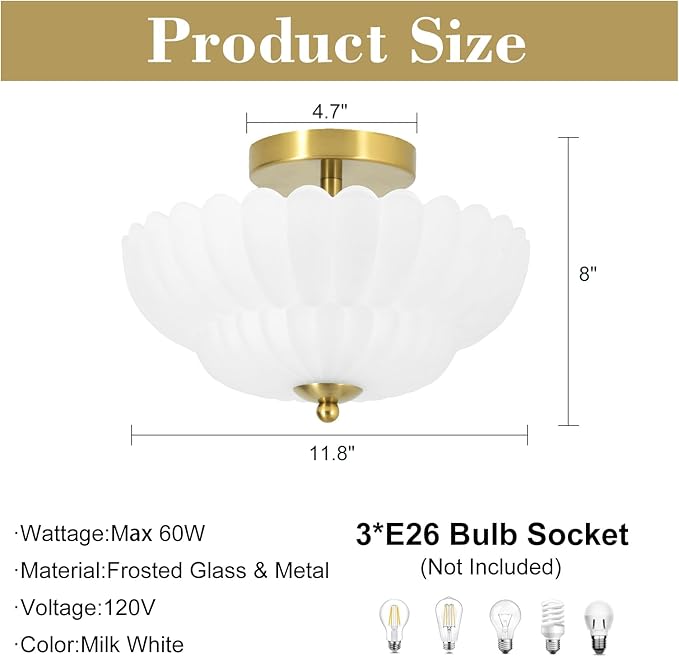 11.8 inch Kitchen Ceiling Light, 3-Light Semi Flush Mount Ceiling Lamp with Flower Glass, Modern Close to Ceiling Light Fixtures for Bathroom Bedroom Hallway Entryway, Milk White