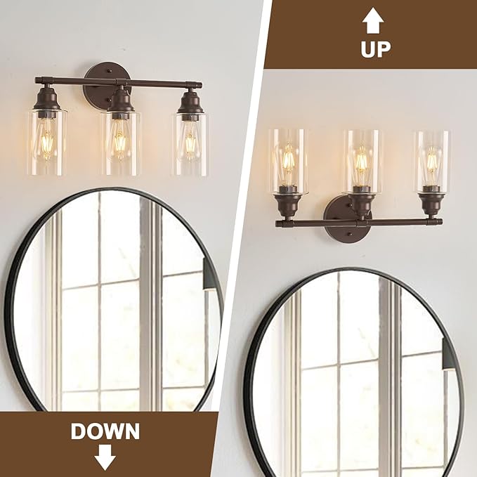 Refice Bathroom Vanity Lights Over Mirrors 3-Light Oil Rubbed Bronze Bathroom Light Fixtures with Clear Glass Shades for Mirror, Living Room, Farmhouse,Hallway (Bulbs Not Included)