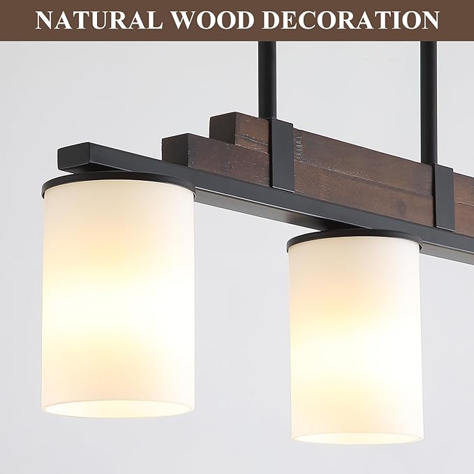 Farmhouse Wood Kitchen Island Lighting, 3-Light Adjustable Chandelier for Dining Room, Milk Glass Shade Dining Room Light Fixture Over Table, Black Hanging Pendant Lights for Kitchen, Pool Table