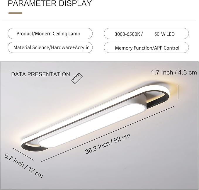 Dimmable LED Ceiling Light Modern Linear LED Ceiling Lamp 36.2" Smart Semi Flush Mount Wraparound Shape Lighting Fixture with Remote Control for Kitchen Dining Room & Laundry (50W)