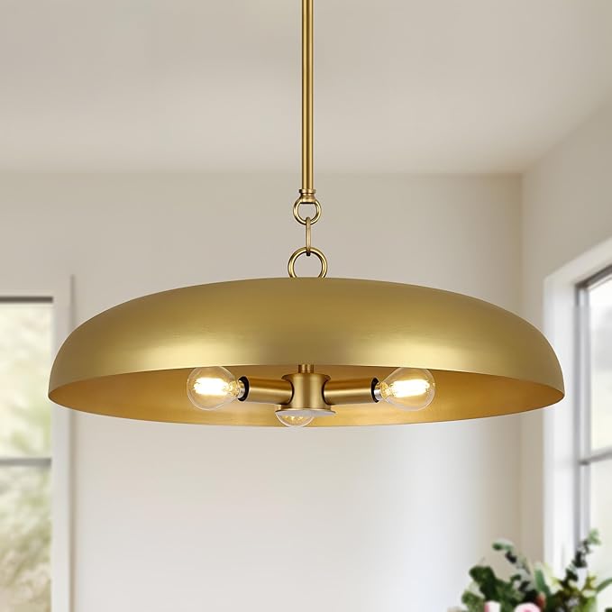 19.7 Inch Extra Large Pendant Light, 3-Light Brushed Gold All Metal Pendant Lighting Fixture, Oversized Modern Dome Chandelier Ceiling Hanging for Kitchen Island Dining Room Living Entryway