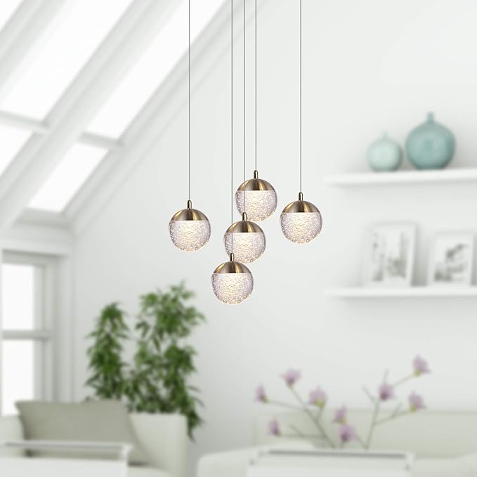contec development Galaxy 5 Mini Pendant Crystall Ball Lighting Brass - LED Hanging Light Fixture: Kitchen Island, Bar, Foyer - Cluster Pendants - Dimmable, Adjustable Wire, Lamp Bulb Included