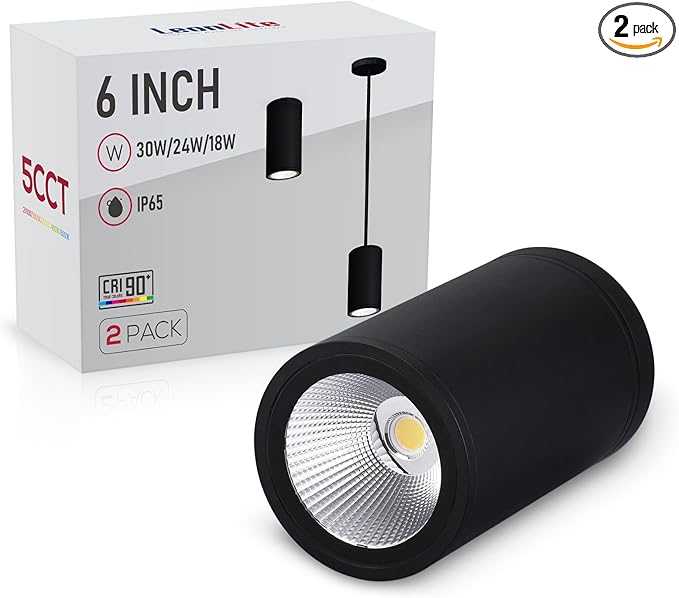 LEONLITE 5CCT 6 Inch LED Tube Architectural Pendant Downlight, Stem Mount & Surface Mount Available, 120-277V, CRI90 Dimmable Commercial Cylinder Pendant Light, 3-Wattage Selectable, Black, Pack of 2