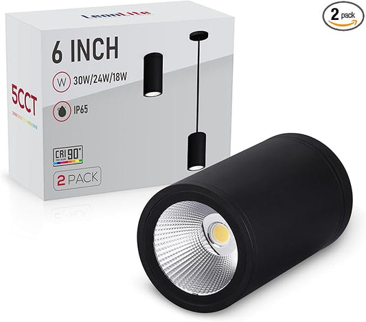 LEONLITE 5CCT 6 Inch LED Tube Architectural Pendant Downlight, Stem Mount & Surface Mount Available, 120-277V, CRI90 Dimmable Commercial Cylinder Pendant Light, 3-Wattage Selectable, Black, Pack of 2