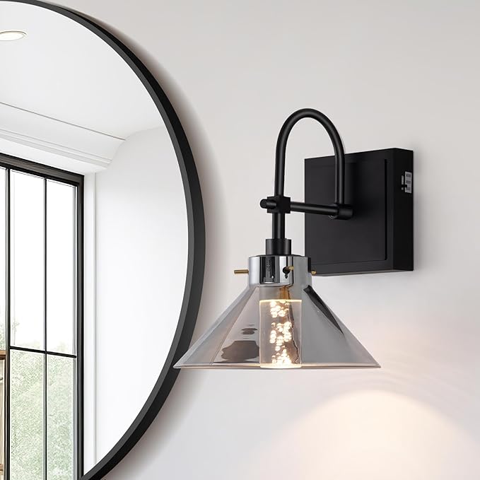 Wall Sconce Hardwired, Modern LED Black Wall Lamp, 6W 3 Color Temperatures 3000K-4000K-6000K, Wall Light Fixture with Smoked Gray Glass Shade for Bathroom Bedroom Living Room
