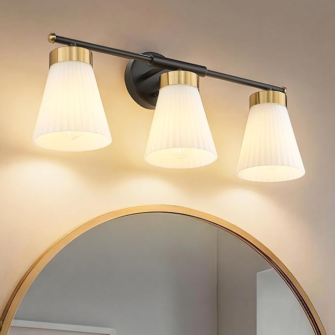Bathroom Vanity Light, HWH 3-Light Wall Light Fixture for Bathroom Bedroom, Black and Gold Vanity Lights with Frosted Milk White Striped Glass, 5HZG97B-3W BK+BG