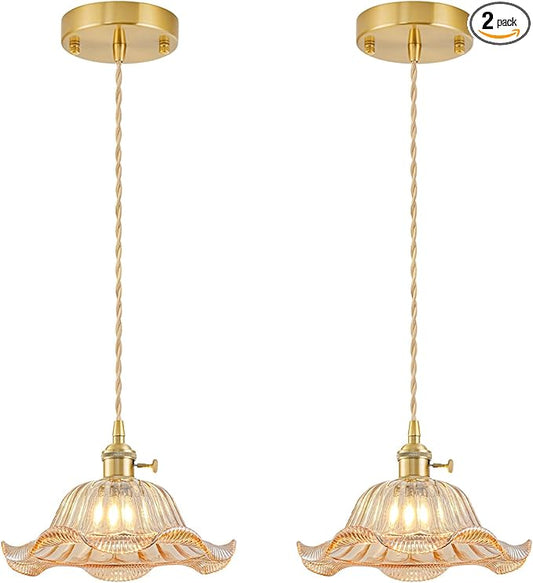 Vintage Pendant Lights Kitchen Island 2 Pack, Adjustable Pendant Light Fixtures with Amber Lily Glass Lampshade, Gold Kitchen Pendant Lighting Over Island, Pendant Light for Dining Room Hallway