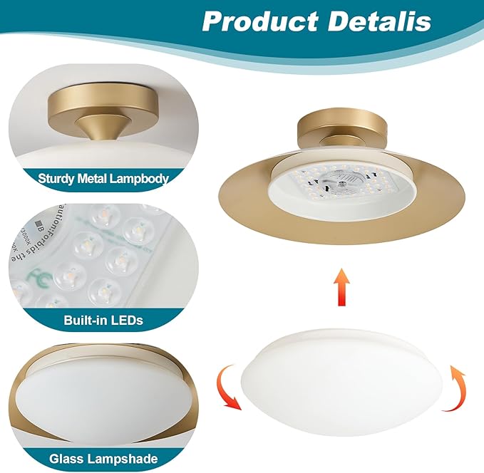 Dimmable Modern Semi Flush Mount Ceiling Light Fixture,Small White and Gold LED Glass Shade Kitchen Ceiling Lights,5CCT In One Light Fxiture for Hallway Entryway Bedroom Laundry Room Foyer(11.81in)