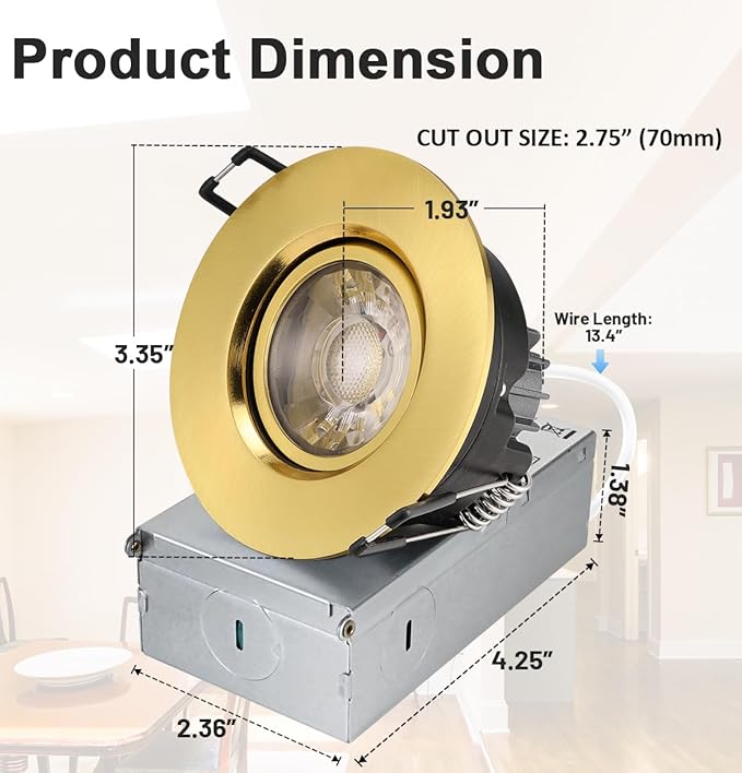 POPANU Premium Shiny Gold 3-inch LED Recessed Lights - 5 CCT 3 Inch Eyeball Ceilling Gimbal Potlight, Dimmable Recessed Lights Fixture with Junction Box, 8W CCT Adjustable, Shiny Gold, 6P