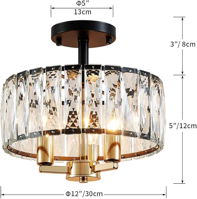 AGV LIGHTING CL003BB K9 Crystal Ceiling Light Fixture, Modern Semi Flush Ceiling Lights, Perfect for Living Room, Bedroom, Dining Room, D13 x H15, 3-Light Shine Gold & Matte Black Finish