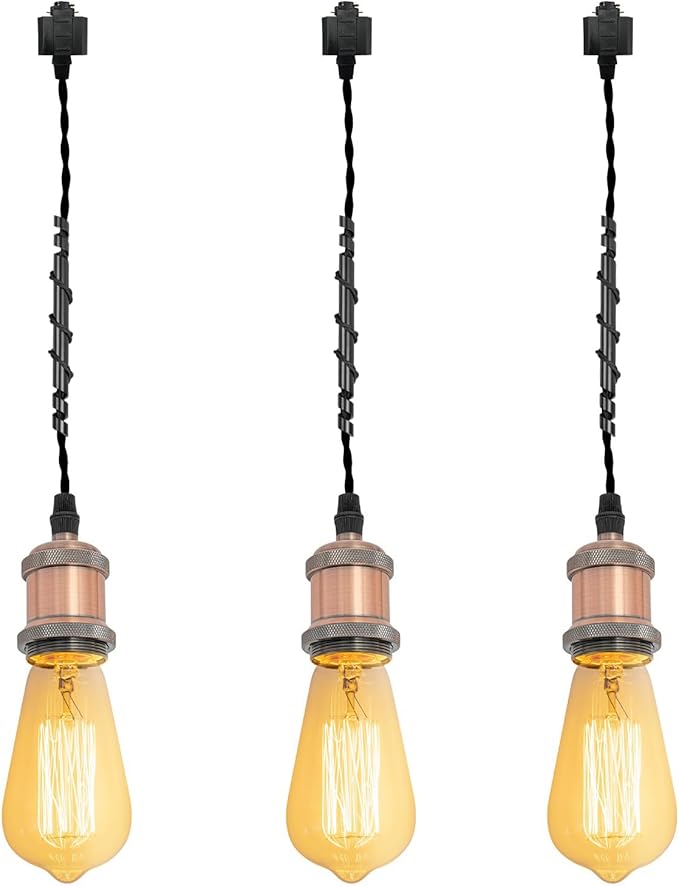 Kiven H-Type Track Lighting Pendants,Vintage Track Lighting Heads Adjustable Height, 3 Light Decorative h Track Pendant Lights, Bulb Not Included,Copper Red Finish