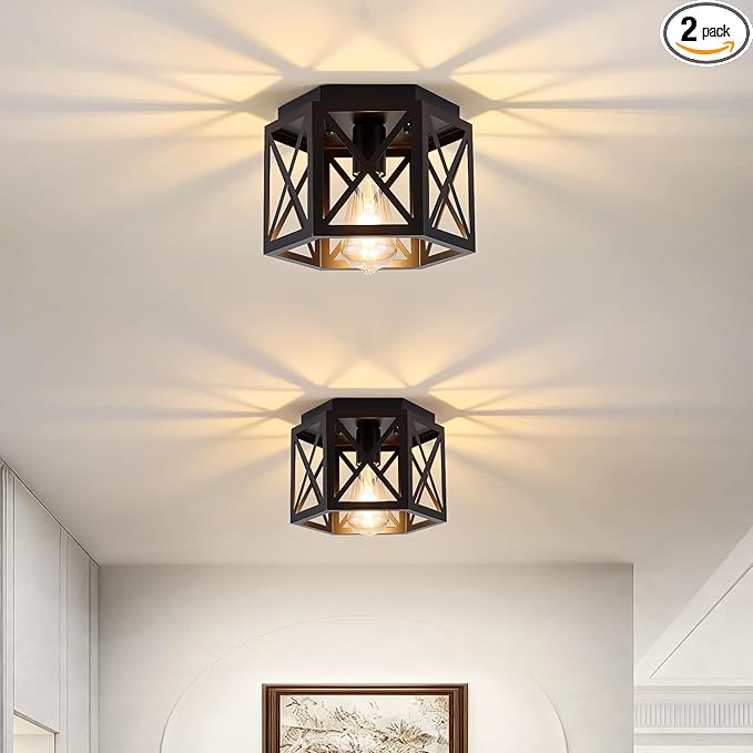 2 Pack Flush Mount Ceiling Light, 1-Light Black Light Fixtures Ceiling Mount, Small Flush Mount Lamp with Hexagonal Metal Cage, Farmhouse Chandeliers for Hallway Kitchen Sink Entryway Foyer