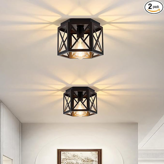 2 Pack Flush Mount Ceiling Light, 1-Light Black Light Fixtures Ceiling Mount, Small Flush Mount Lamp with Hexagonal Metal Cage, Farmhouse Chandeliers for Hallway Kitchen Sink Entryway Foyer