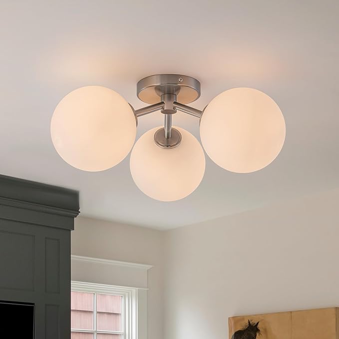 Brushed Nickel Semi Flush Mount Ceiling Light Fixture, 3 Light Milk Glass Globe Mid Century Modern Light Fixtures for Bedroom,Entryway,Hallway,Living Room,Kitchen,Dining Room