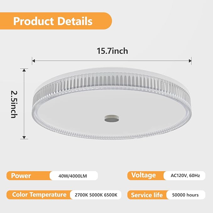 OOWOLF Flush Mount LED Ceiling Light Fixture, 2700K-6500K Super Bright 40W 4000LM 15.75 Inch Dimmable Warm/White Light Kitchen Light Modern Ceiling Lamp for Bedroom Bathroom, Chandeliers with Remote