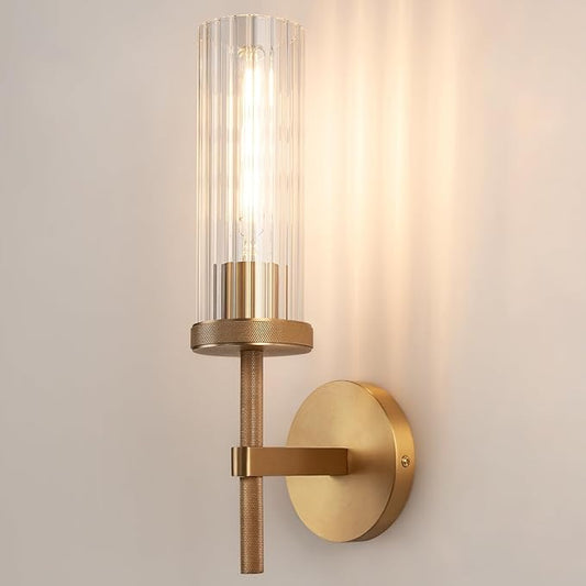 15" Knurled Brass Wall Sconce with Vertical Striped Glass Tube, Gold Bathroom Vanity Light Fixtures, Modern Lamp Lighting for Bedroom, Living Room, Hallway, Staircase, Mirror, Kitchen