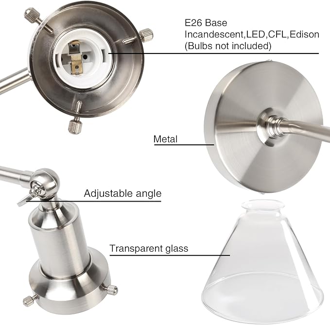 PERMO Industrial Vintage Slope Pole Wall Mount Single Sconce with Funnel Flared Clear Glass Shade Brushed Wall Sconce Light Lamp Fixture