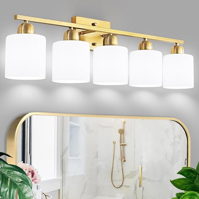 Bath Vanity Lights for Mirror, Restroom Lights Fixtures with Milky White Frosted Glass Shades,Bathroom Over Sink Light Fixtures, Bathroom Light Fixtures Over Mirror (Gold, 5-Light)