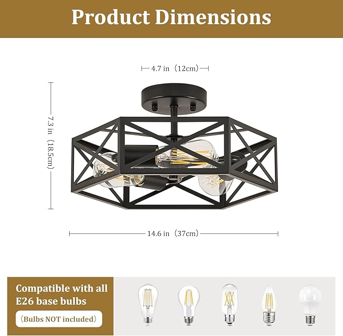Modern Farmhouse Semi Flush Mount Ceiling Light,Industrial Black Ceiling Lighting Fixture,Hexagonal Close to Ceiling Lights for Kitchen, Hallway,Bedroom,Foyer,Dining,Laundry Room,14.6 Inch