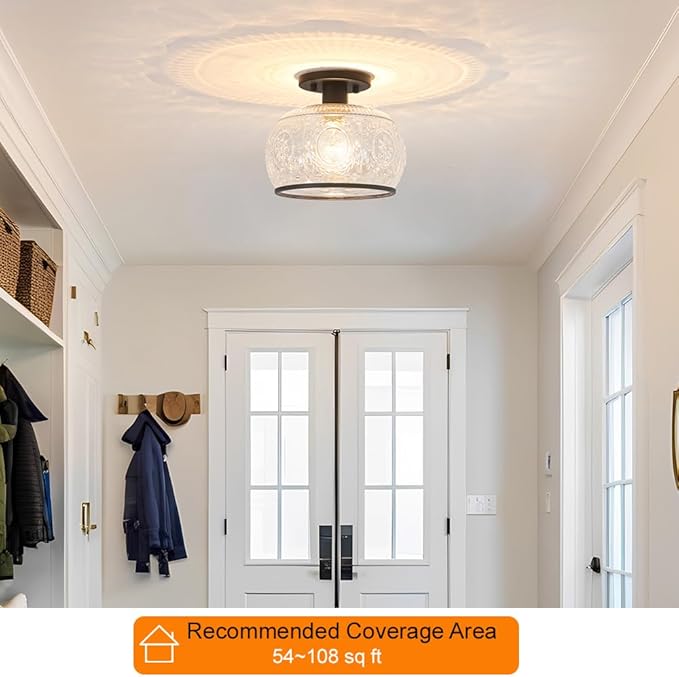Black Vintage Semi-Flush Mount Ceiling Light with Globe Glass. Ideal for Small Kitchen, Closet, Hallway, Entryway, and Bathroom Lighting