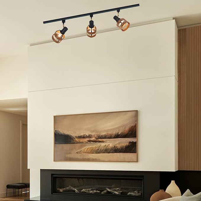 Modern H-Type Track Lighting, Black Adjustable Heads with Real Walnut Wood Lampshade and Brass Swivel, for Accent Retail-Pack of 3, E26 Base