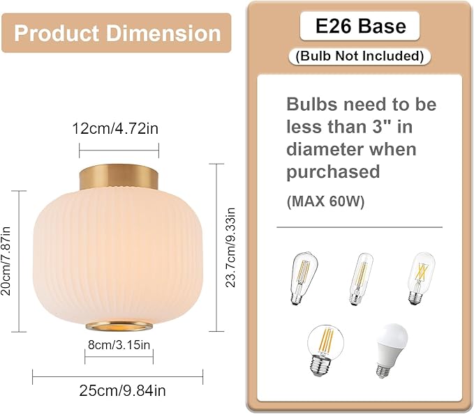 EDISLIVE Mid Century Modern Ceiling Light 9.8" Frosted Milk Glass Flush Mount Ceiling Lighting Brass Gold Ribbed Glass Light Fixture E26 Minimalist Small Ceiling Light for Hallyway Foyer Bedroom