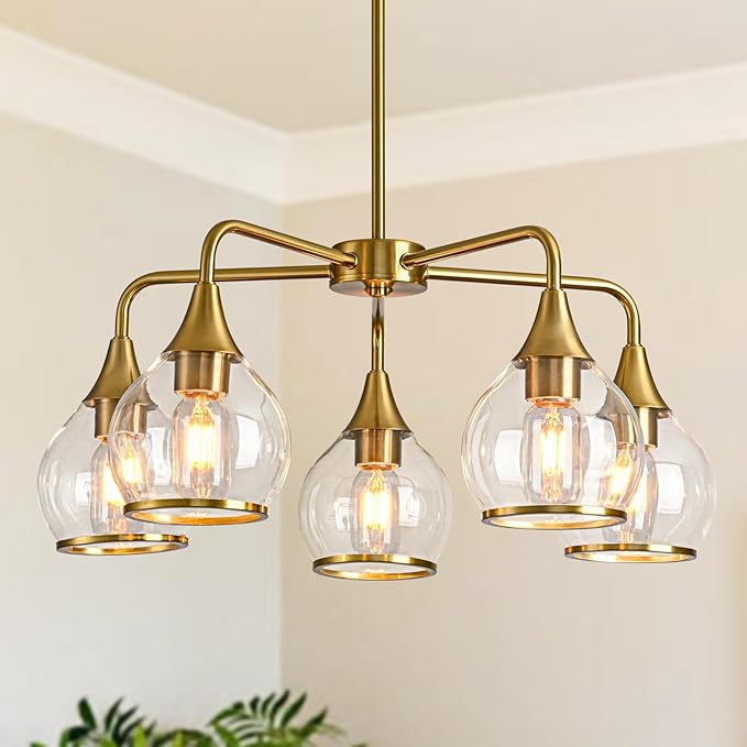 Island Light for Kitchen, 5-Light Gold Kitchen Island Linear Hanging Light Chandeliers Dining Room Light Fixture Over Table with Clear Round Glass Shades