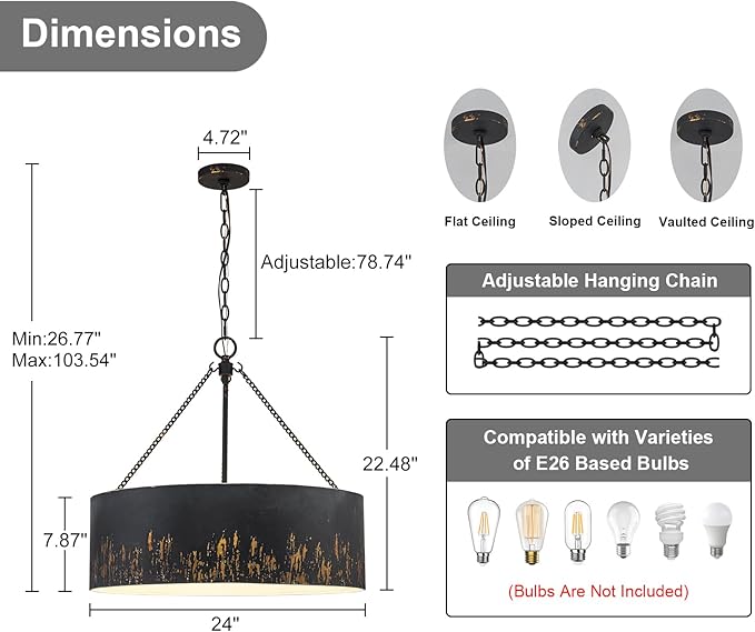 24" Matte Black Drum Chandelier,6-Light Modern Vintage Pendant Lights with Hand-Brushed Gold Finish,Adjustable Hanging Light Fixture for Dining Room,Kitchen Island,Living Room,Entryway