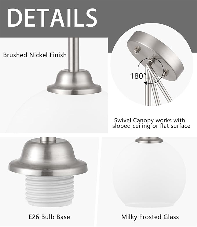 Modern Pendant Light Fixtures 2 Pack, Brushed Nickel Pendant Lights with Milk Frosted Shade,Pendant Lights Kitchen Island, Kitchen Pendant Lighting Over Island, Hanging Lights for Kitchen