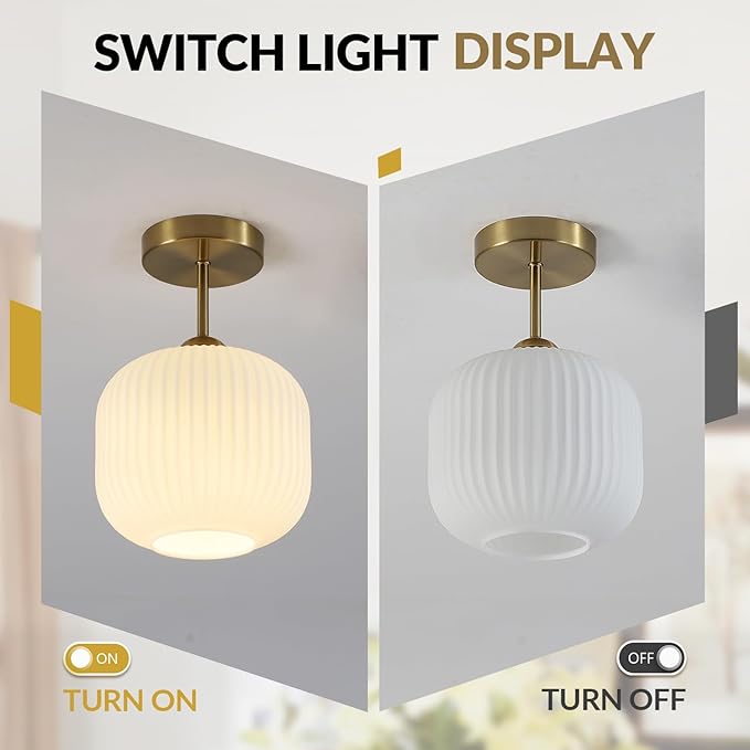 BOKT Vintage Semi Flush Mount Ceiling Light 7.9" Stripe Glass Shade Modern Ceiling Lamp Mid Century Gold Ceiling Light Fixture for Farmhouse, Kitchen Island, Hallway