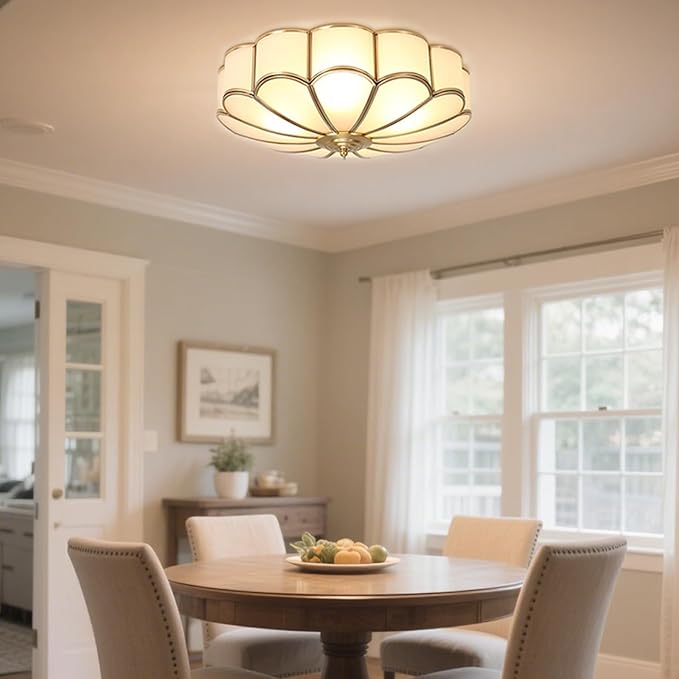 MIXL-Mid Century Brass Flush Mount Ceiling Light,14 Inch Bedroom Light Fixture,Vintage Style Ceiling Lamp for Living Room and Entyrway