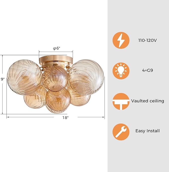Shrine Lighting Champagne Bubble Glass Ceiling Light, Flush Mount Ceiling Light for Living Room, D18'' x H9'', G9*4 Sockets, Globe Glass Shade & Champagne Finish Frame